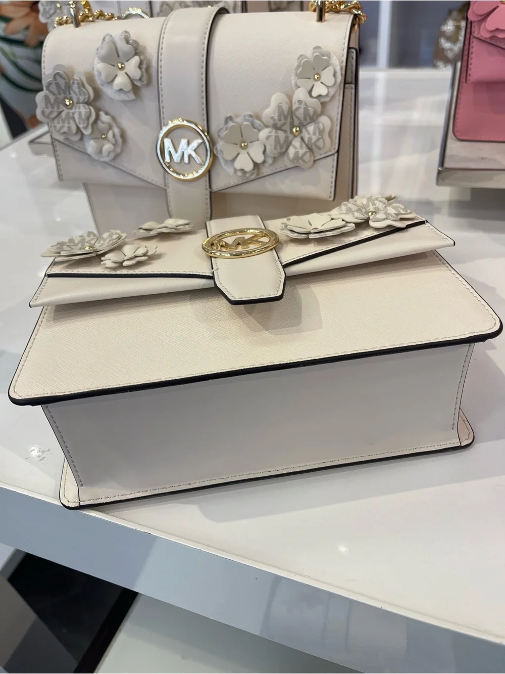 MICHAEL KORS Greenwich Sm Embellished Signature Logo Trim Crossbody Lt Cream NWT